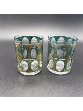 Vintage Culver Piza Double Shot Glasses // Set of 2 // Gold & Green Textured